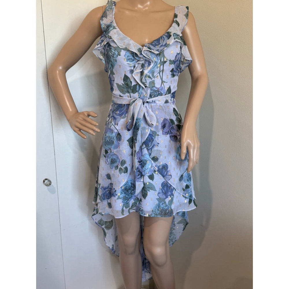 City Studio Juniors 9 Light Blue Gold Floral Ruffle High Low Dress zip back